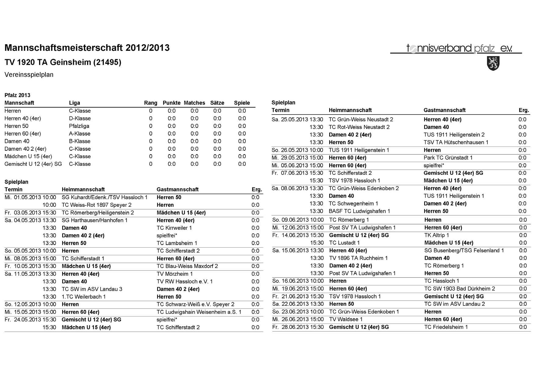 Vereinsspielplan 2013